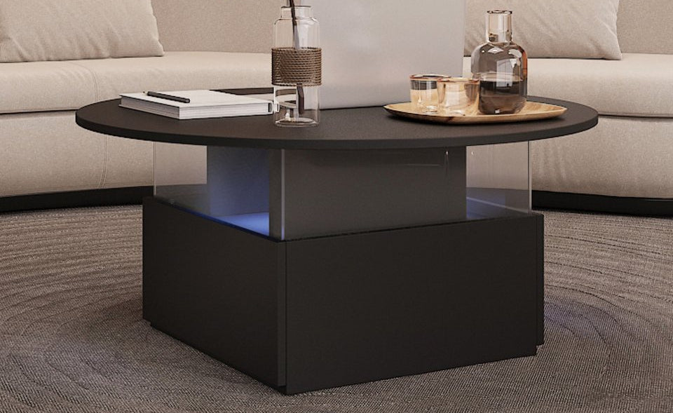 LED aydınlatmalı ve 2 çekmeceli radelldar sehpa, oturma odası masası 80x40cm (1 adet), yuvarlak tablalı yan sehpa ve ekstra sergileme alanı