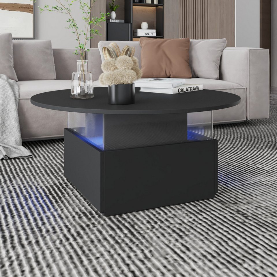 LED aydınlatmalı ve 2 çekmeceli radelldar sehpa, oturma odası masası 80x40cm (1 adet), yuvarlak tablalı yan sehpa ve ekstra sergileme alanı