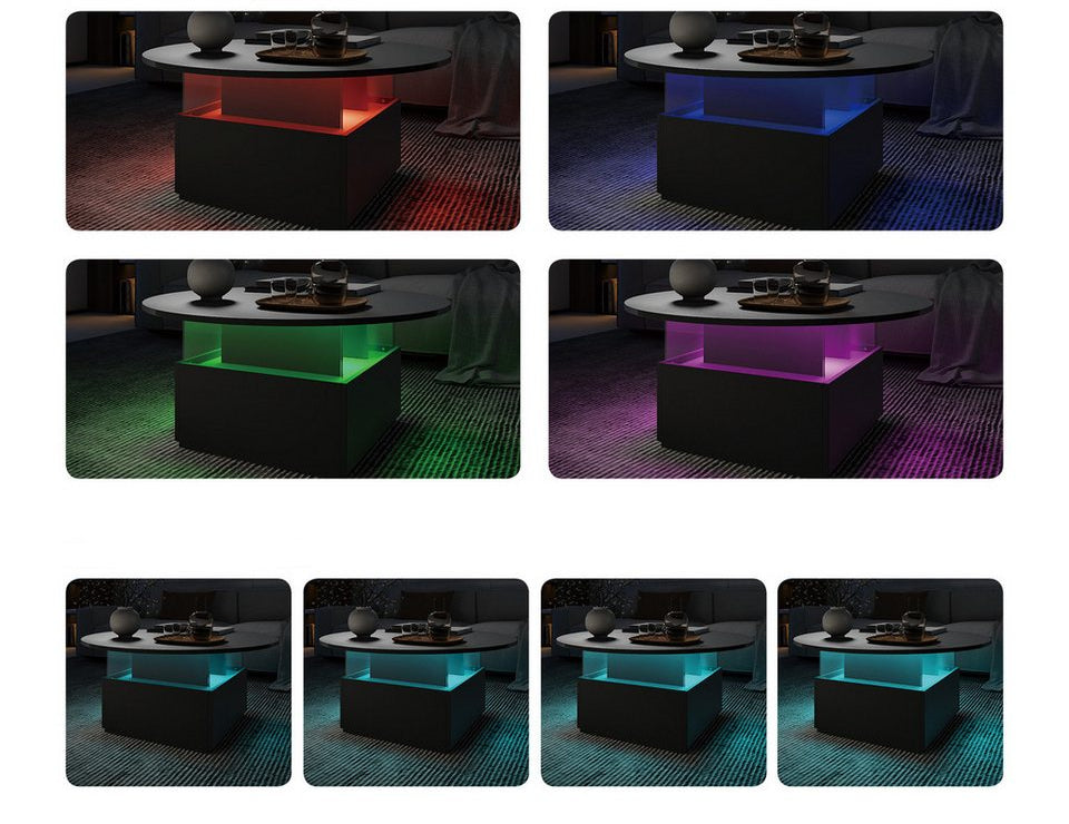 LED aydınlatmalı ve 2 çekmeceli radelldar sehpa, oturma odası masası 80x40cm (1 adet), yuvarlak tablalı yan sehpa ve ekstra sergileme alanı