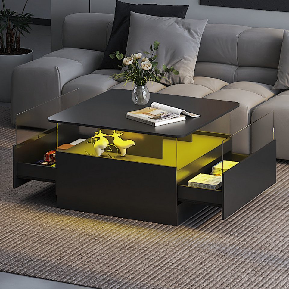 radelldar LED aydınlatmalı ve 2 akrilik kapı çekmeceli kare orta sehpa (1 adet), oturma odası masası, yan sehpa, 78x78x48cm