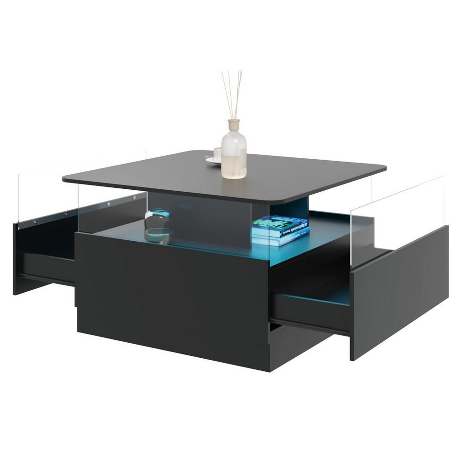radelldar LED aydınlatmalı ve 2 akrilik kapı çekmeceli kare orta sehpa (1 adet), oturma odası masası, yan sehpa, 78x78x48cm