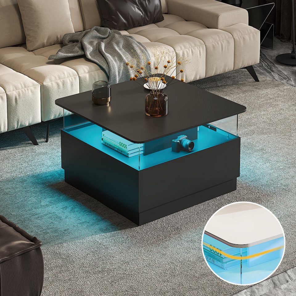 radelldar LED aydınlatmalı ve 2 akrilik kapı çekmeceli kare orta sehpa (1 adet), oturma odası masası, yan sehpa, 78x78x48cm