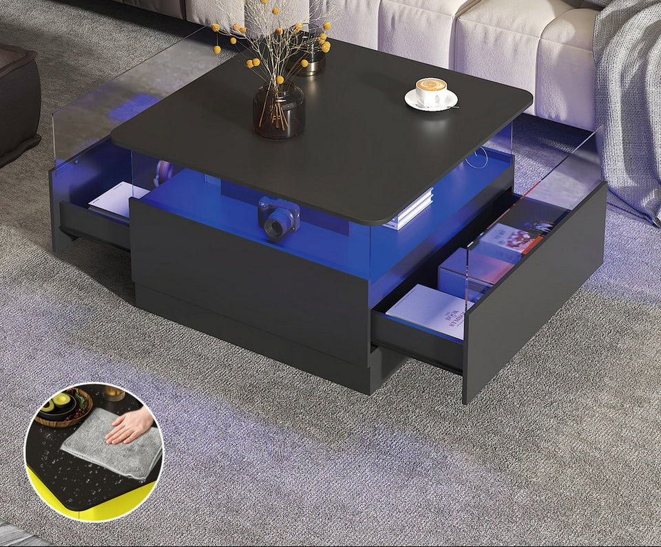 radelldar LED aydınlatmalı ve 2 akrilik kapı çekmeceli kare orta sehpa (1 adet), oturma odası masası, yan sehpa, 78x78x48cm