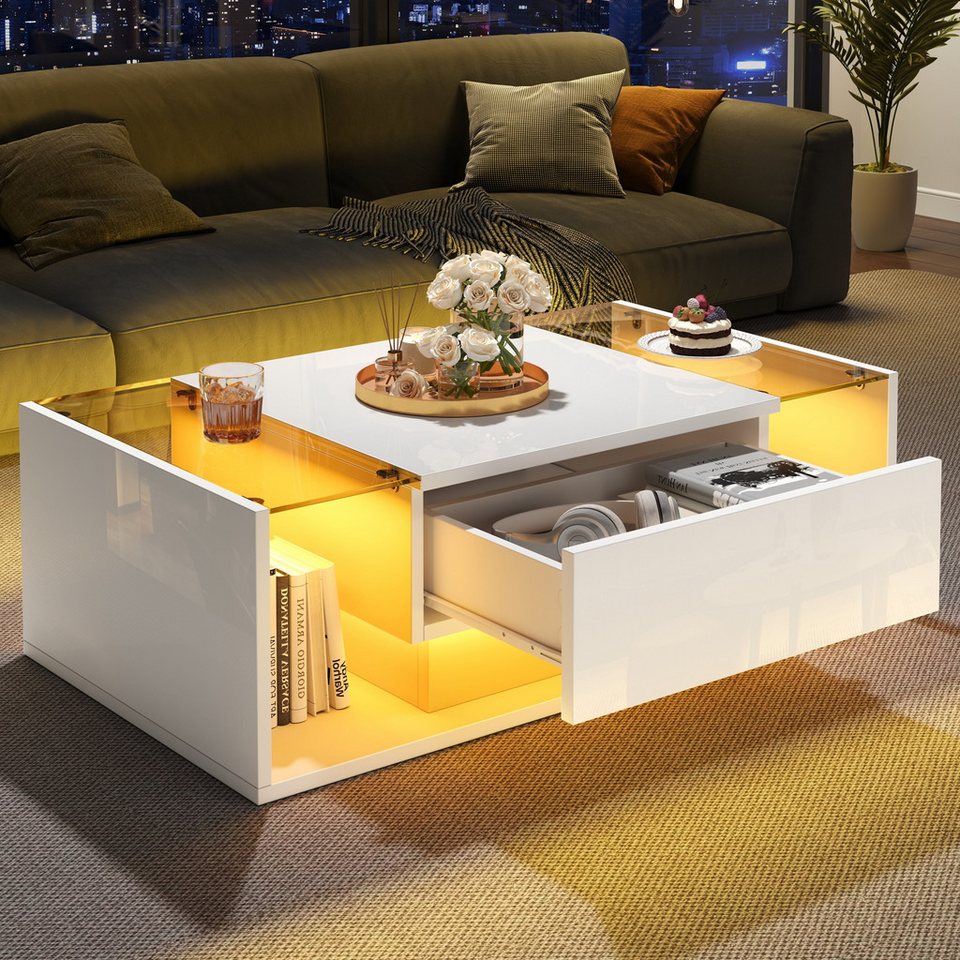 REDOM sehpa high gloss yan sehpa oturma odası masası (set masa, modern orta sehpa, oturma grubu, 1 adet, 100x50x31 cm), LED aydınlatmalı ve 1 çekmeceli