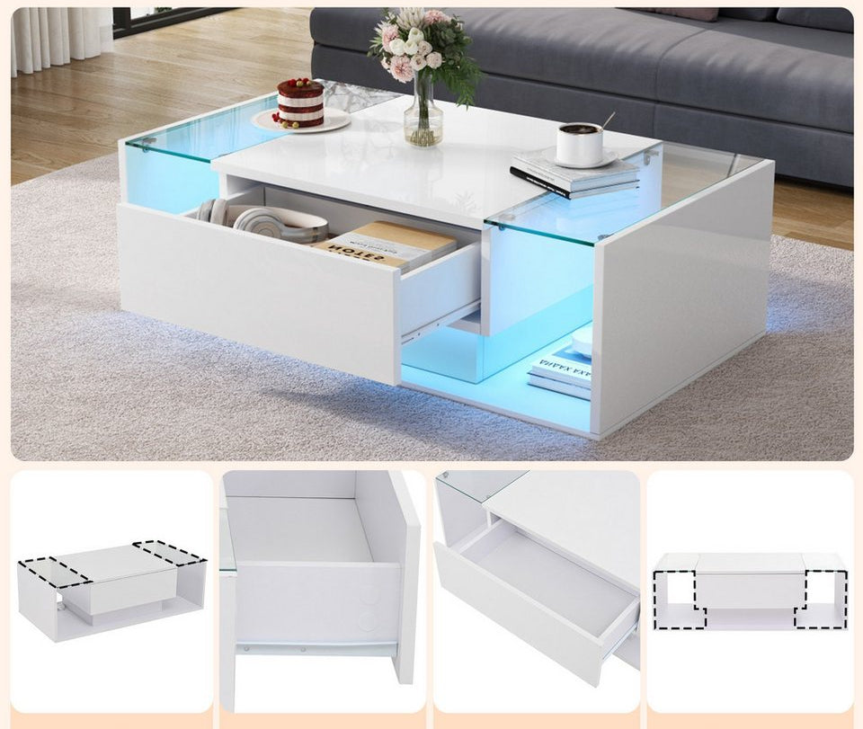 REDOM sehpa high gloss yan sehpa oturma odası masası (set masa, modern orta sehpa, oturma grubu, 1 adet, 100x50x31 cm), LED aydınlatmalı ve 1 çekmeceli
