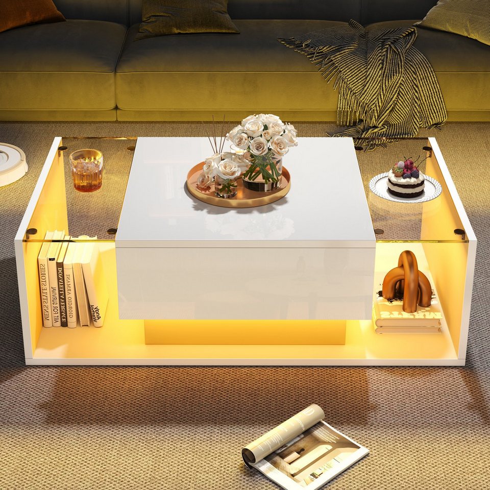 REDOM sehpa high gloss yan sehpa oturma odası masası (set masa, modern orta sehpa, oturma grubu, 1 adet, 100x50x31 cm), LED aydınlatmalı ve 1 çekmeceli
