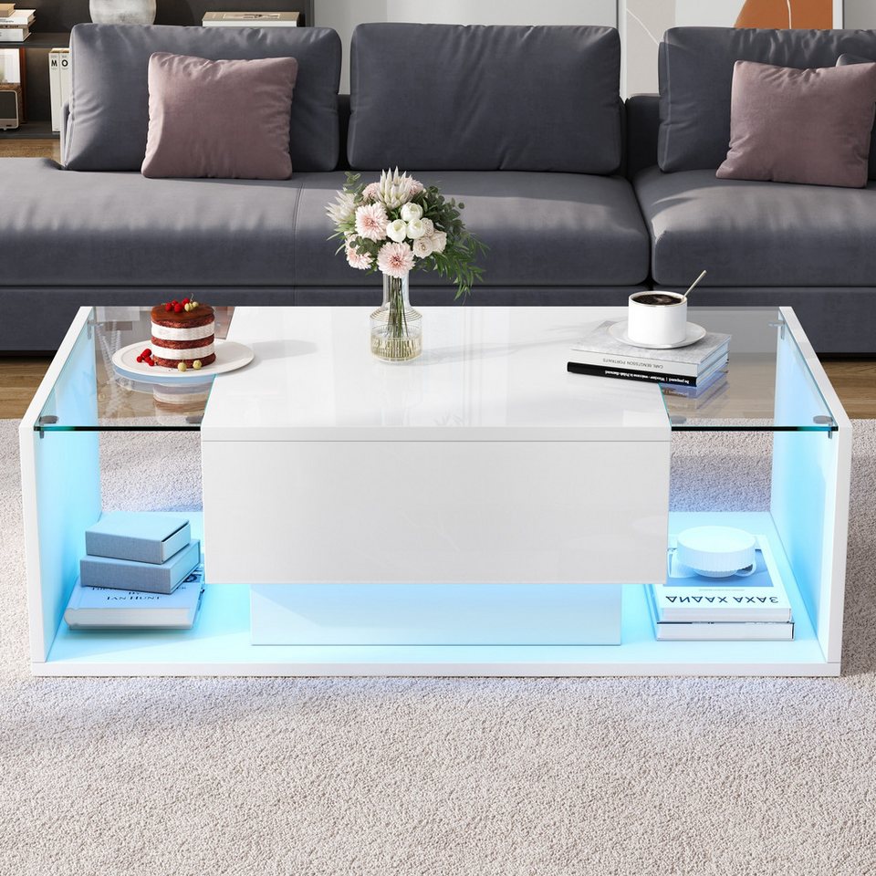 REDOM sehpa high gloss yan sehpa oturma odası masası (set masa, modern orta sehpa, oturma grubu, 1 adet, 100x50x31 cm), LED aydınlatmalı ve 1 çekmeceli