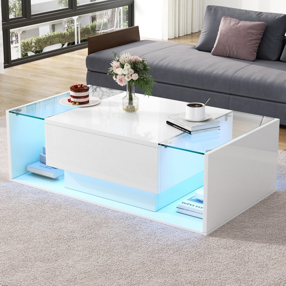 REDOM sehpa high gloss yan sehpa oturma odası masası (set masa, modern orta sehpa, oturma grubu, 1 adet, 100x50x31 cm), LED aydınlatmalı ve 1 çekmeceli