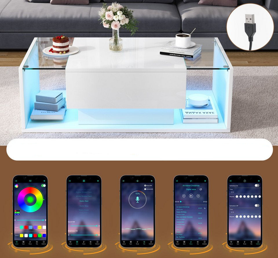 REDOM sehpa high gloss yan sehpa oturma odası masası (set masa, modern orta sehpa, oturma grubu, 1 adet, 100x50x31 cm), LED aydınlatmalı ve 1 çekmeceli