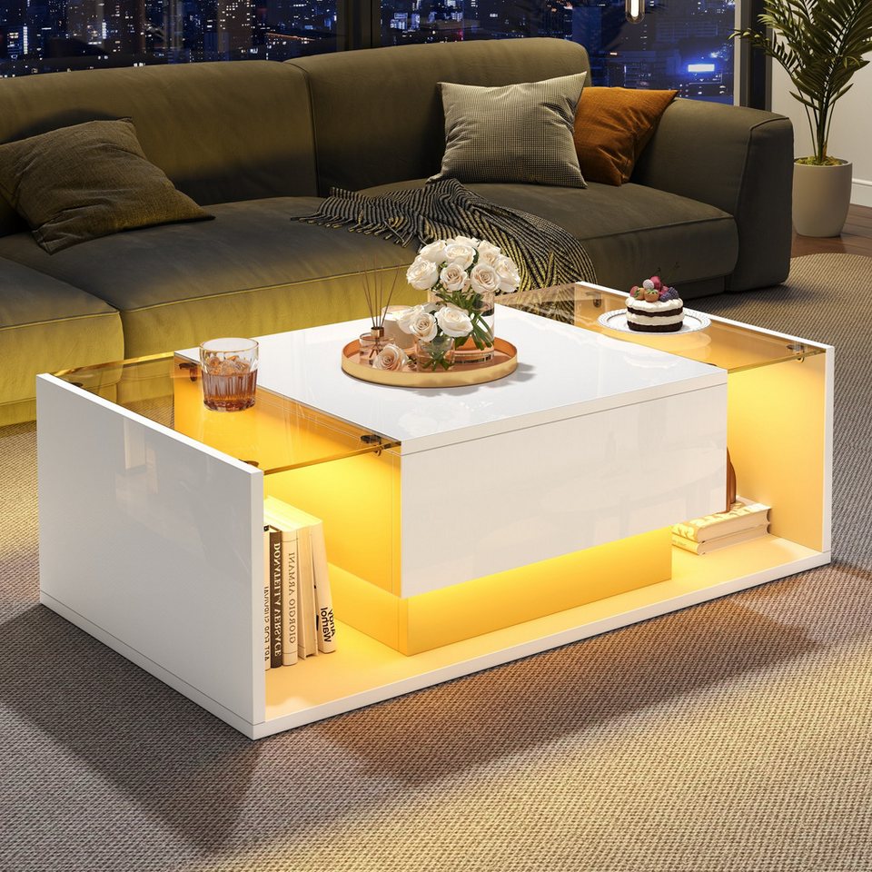 REDOM sehpa high gloss yan sehpa oturma odası masası (set masa, modern orta sehpa, oturma grubu, 1 adet, 100x50x31 cm), LED aydınlatmalı ve 1 çekmeceli