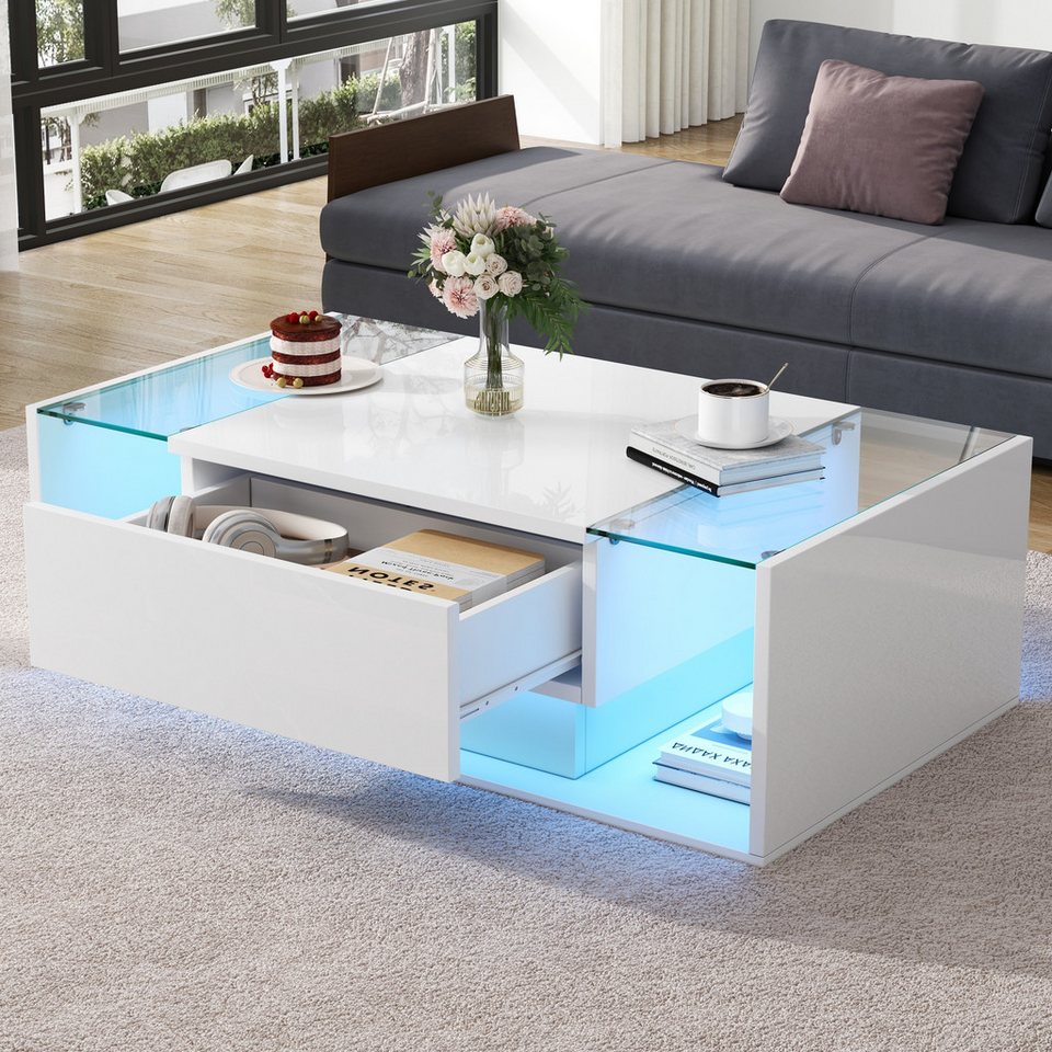 REDOM sehpa high gloss yan sehpa oturma odası masası (set masa, modern orta sehpa, oturma grubu, 1 adet, 100x50x31 cm), LED aydınlatmalı ve 1 çekmeceli