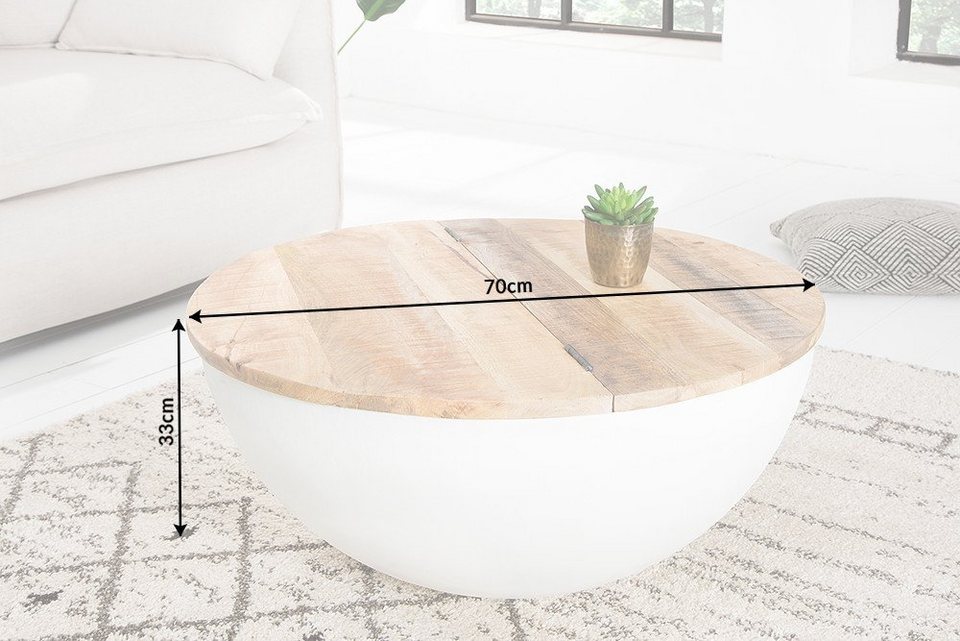 riess-ambiente sehpa ENDÜSTRİYEL DEPOLAMA Ø70cm beyaz / doğal (tek parça, 1 parça), oturma odası · masif mango ağacı · yuvarlak · depolama alanlı · metal · tasarım
