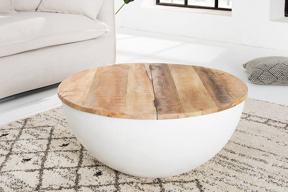 riess-ambiente sehpa ENDÜSTRİYEL DEPOLAMA Ø70cm beyaz / doğal (tek parça, 1 parça), oturma odası · masif mango ağacı · yuvarlak · depolama alanlı · metal · tasarım