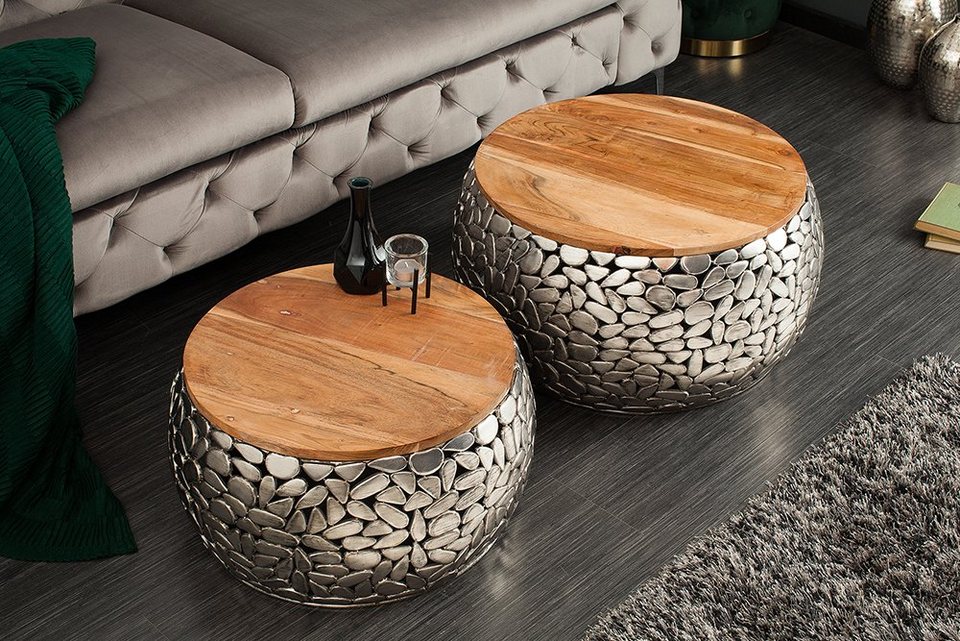 riess-ambiente sehpa STONE MOSAIC Ø65cm gümüş / doğal (set, 2 parça, 2x sehpa), oturma odası · metal · masif ahşap · yuvarlak · mozaik tasarımı · el yapımı