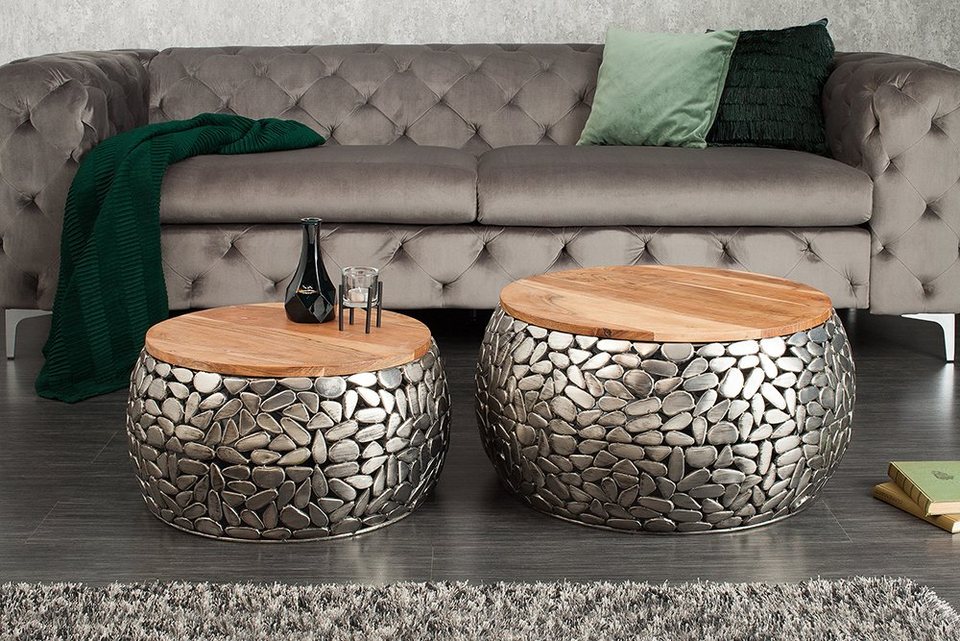 riess-ambiente sehpa STONE MOSAIC Ø65cm gümüş / doğal (set, 2 parça, 2x sehpa), oturma odası · metal · masif ahşap · yuvarlak · mozaik tasarımı · el yapımı
