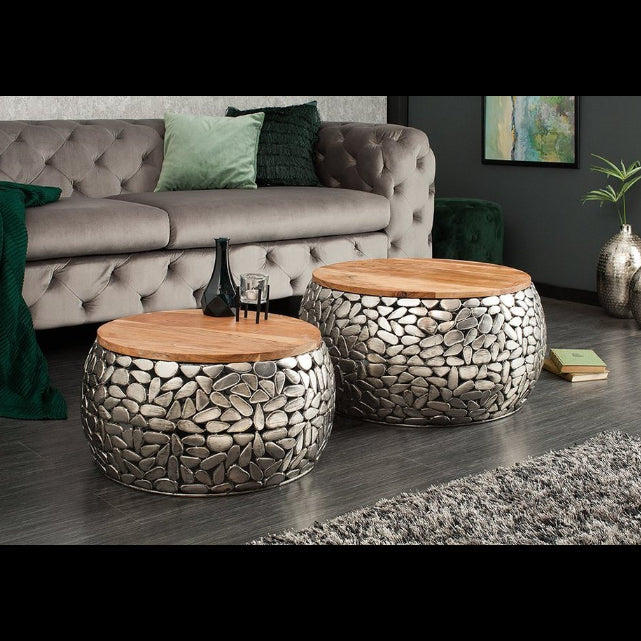 riess-ambiente sehpa STONE MOSAIC Ø65cm gümüş / doğal (set, 2 parça, 2x sehpa), oturma odası · metal · masif ahşap · yuvarlak · mozaik tasarımı · el yapımı