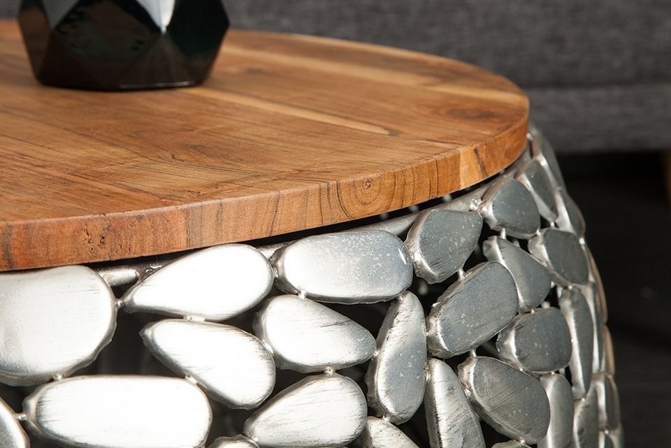 riess-ambiente sehpa STONE MOSAIC Ø65cm gümüş / doğal (set, 2 parça, 2x sehpa), oturma odası · metal · masif ahşap · yuvarlak · mozaik tasarımı · el yapımı