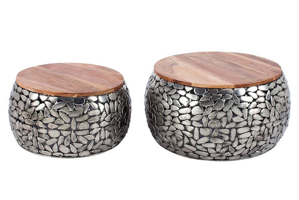riess-ambiente sehpa STONE MOSAIC Ø65cm gümüş / doğal (set, 2 parça, 2x sehpa), oturma odası · metal · masif ahşap · yuvarlak · mozaik tasarımı · el yapımı