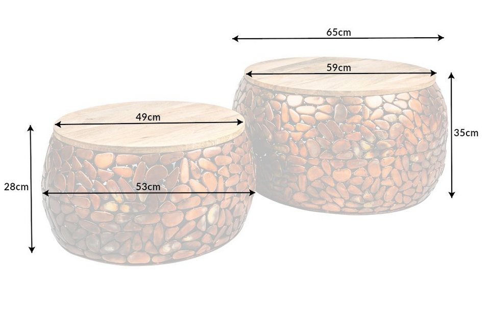 riess-ambiente sehpa STONE MOSAIC Ø65cm gümüş / doğal (set, 2 parça, 2x sehpa), oturma odası · metal · masif ahşap · yuvarlak · mozaik tasarımı · el yapımı