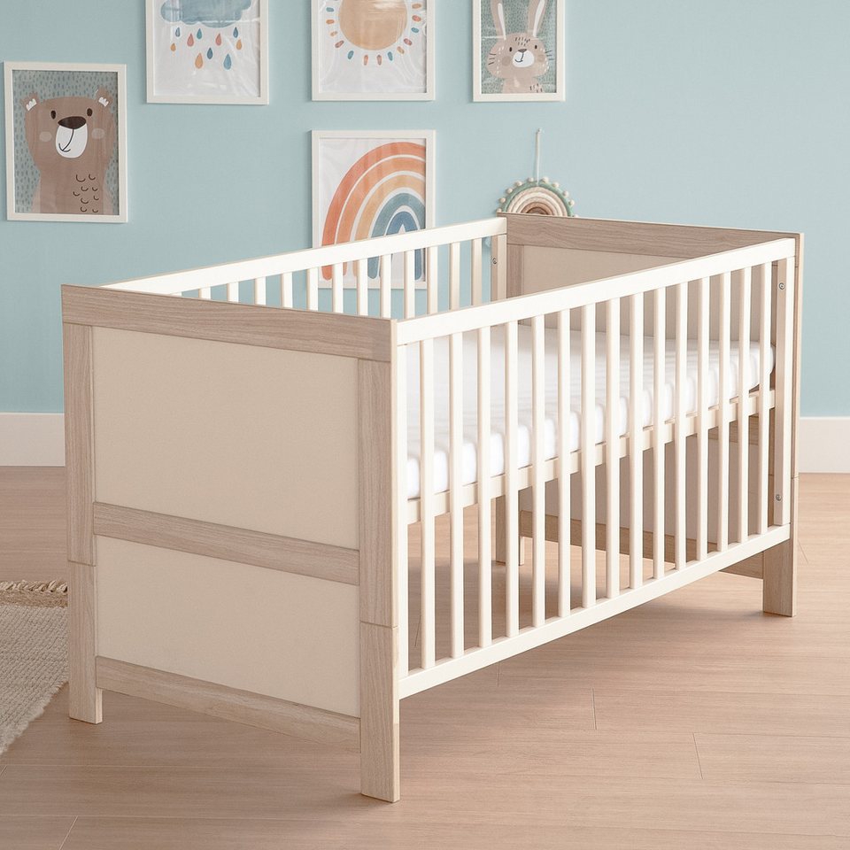 roba® bebek mobilya seti Momo - ahşaptan yapılmış oda seti - kaşmir / Tristan meşe, (2'li set, bebek yatağı 70 x 140 cm ve alt değiştirme masası), basamaklı ve yüksekliği ayarlanabilir bebek karyolası - bej renkte modern