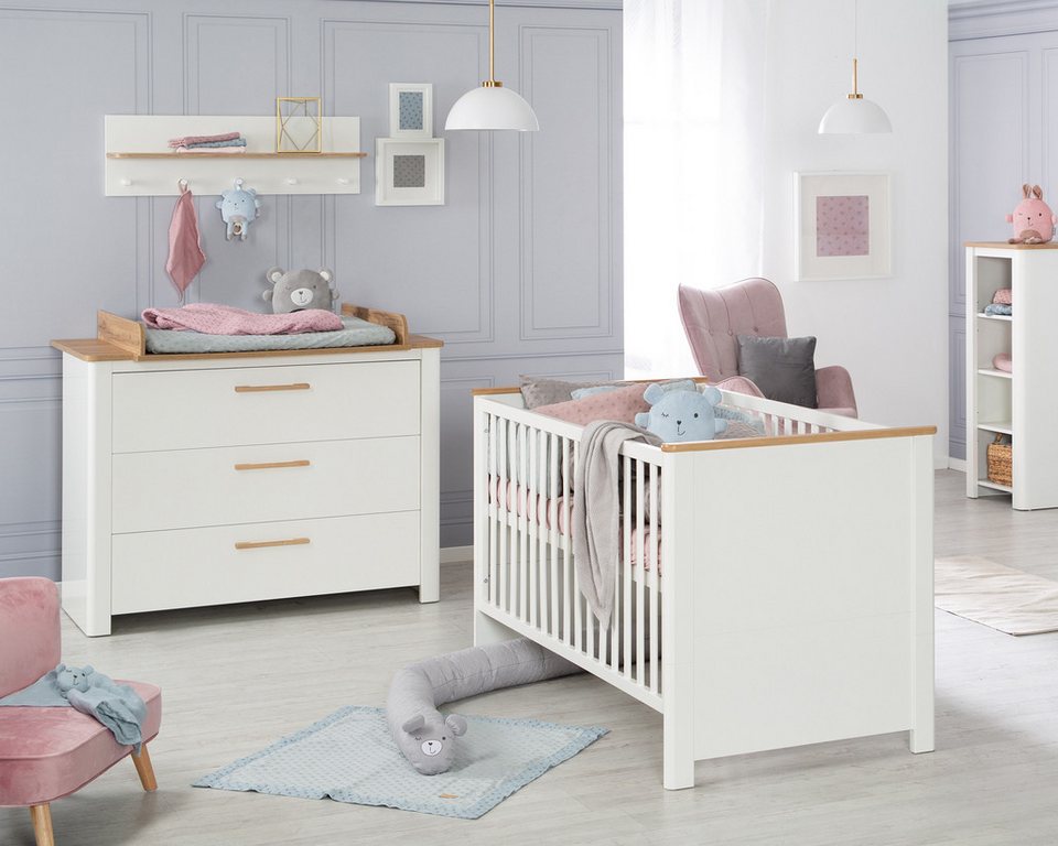 roba® bebek odası komple seti Ava - meşe dekorlu modern çocuk odası, (set, 3 parça, Avrupa'da üretilmiştir, Blue Angel'lı ahşap), bebek karyolası, alt değiştirme masası ve gardırop - masif ahşaptan yapılmış kulplar