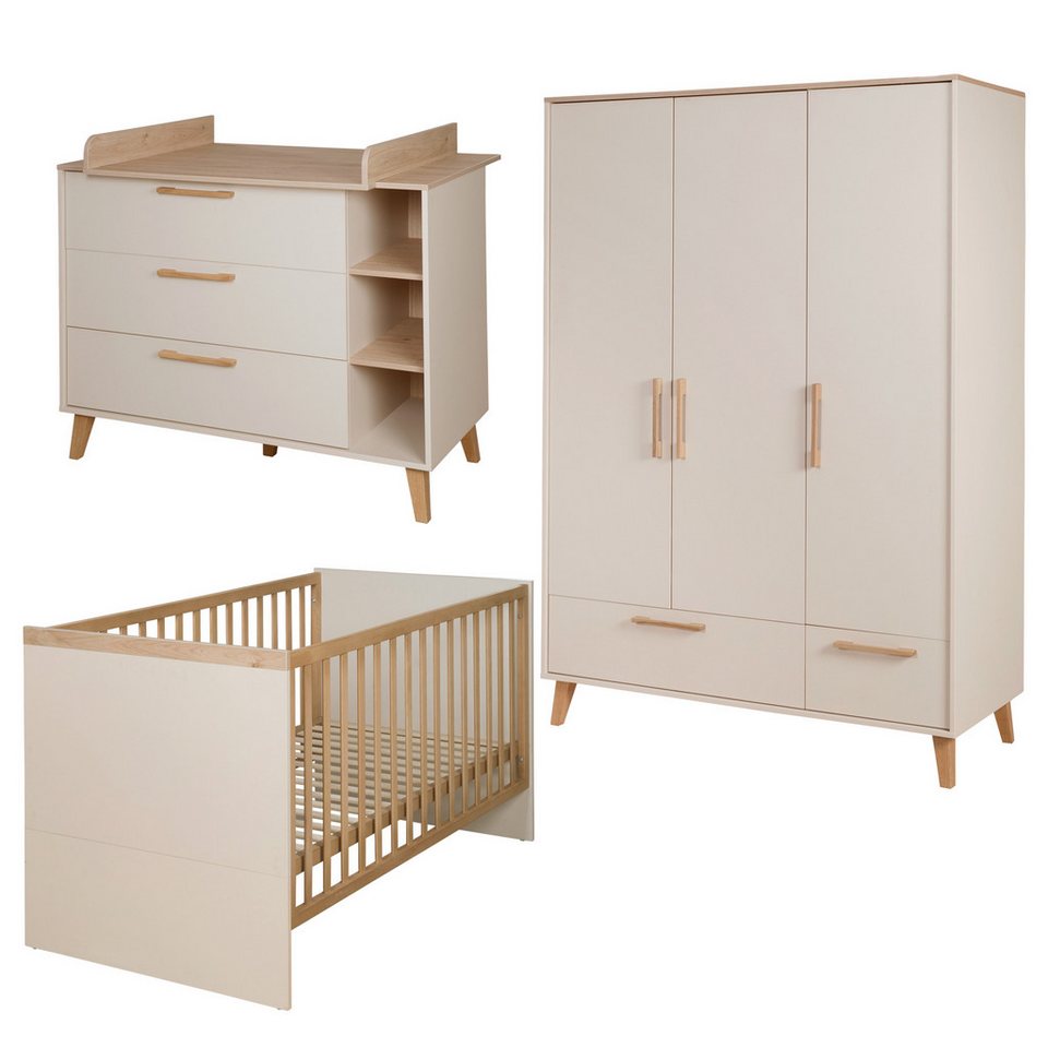 roba® bebek odası komple seti Jil - kestane dekorlu kaşmirden modern çocuk odası, (3'lü set, bebek yatağı 70 x 140 cm, gardırop ve alt değiştirme masası), masif ahşaptan yapılmış yüksek kaliteli kulplar