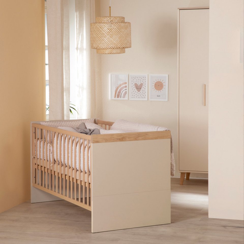 roba® bebek odası komple seti Jil - kestane dekorlu kaşmirden modern çocuk odası, (3'lü set, bebek yatağı 70 x 140 cm, gardırop ve alt değiştirme masası), masif ahşaptan yapılmış yüksek kaliteli kulplar