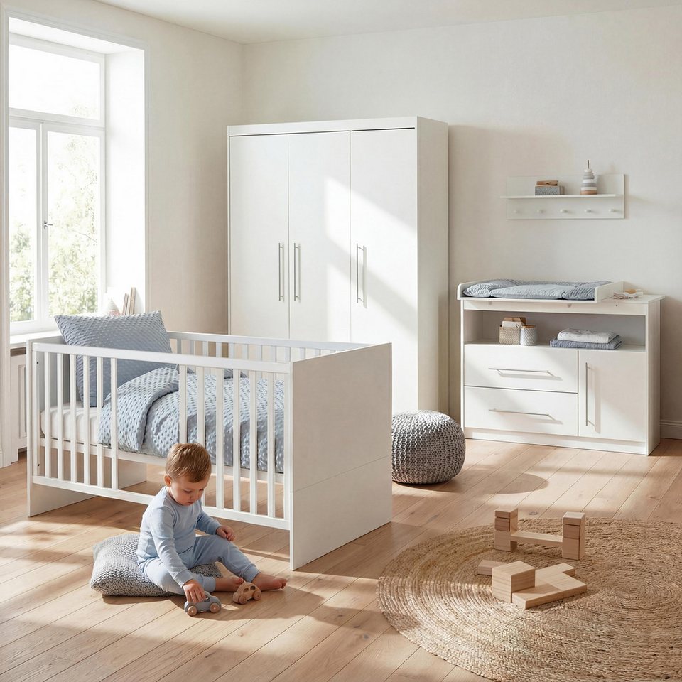 roba® bebek odası komple set Maren, bebek karyolası, alt değiştirme masası ve 3 kapılı dolap, açılabilir