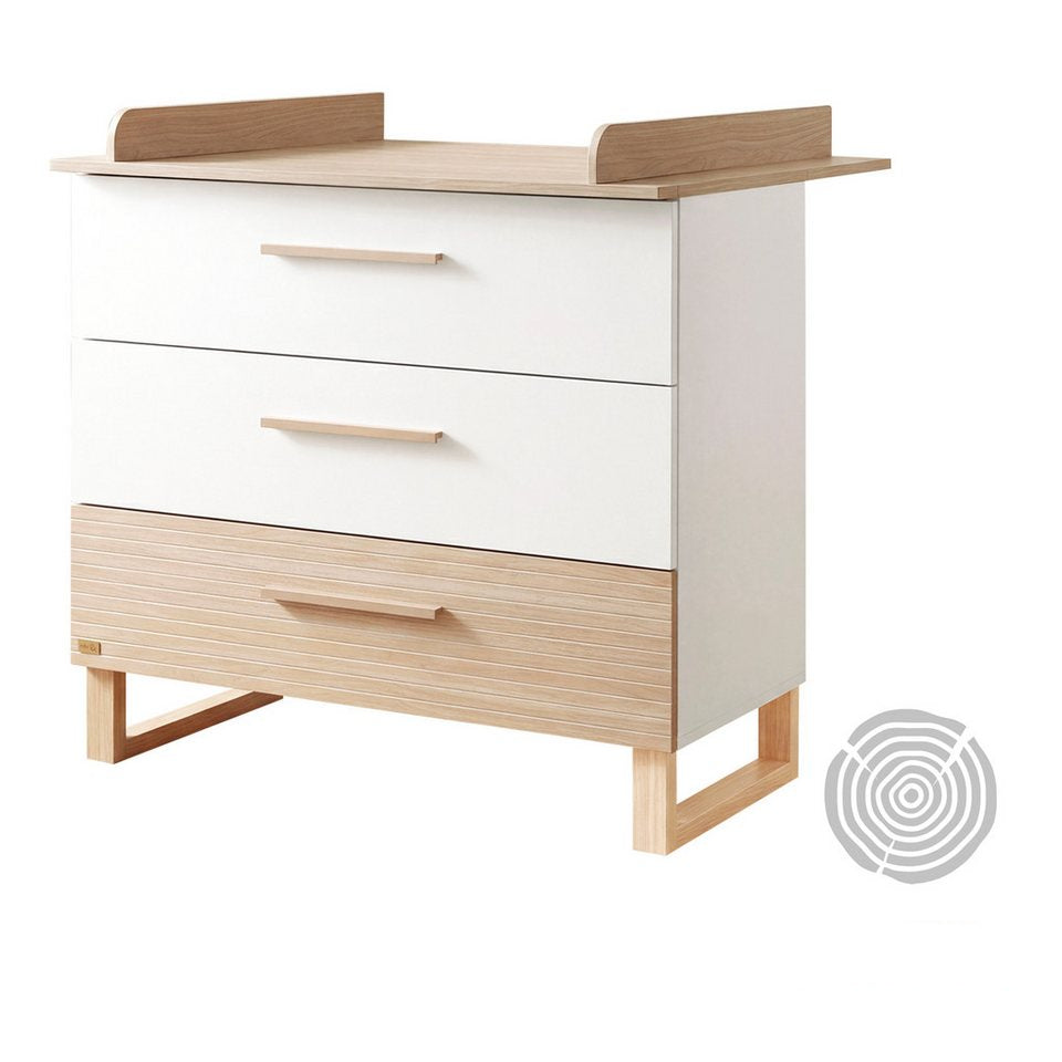 roba® bebek odası komple set Noah - masif ahşap ayaklı modern tasarımlı çocuk odası (3 parçalı set, ev görünümünde bebek yatağı, alt değiştirme masası ve gardırop), ceviz frezeli - ön kısmı yumuşak beyaz - sizinle birlikte büyür