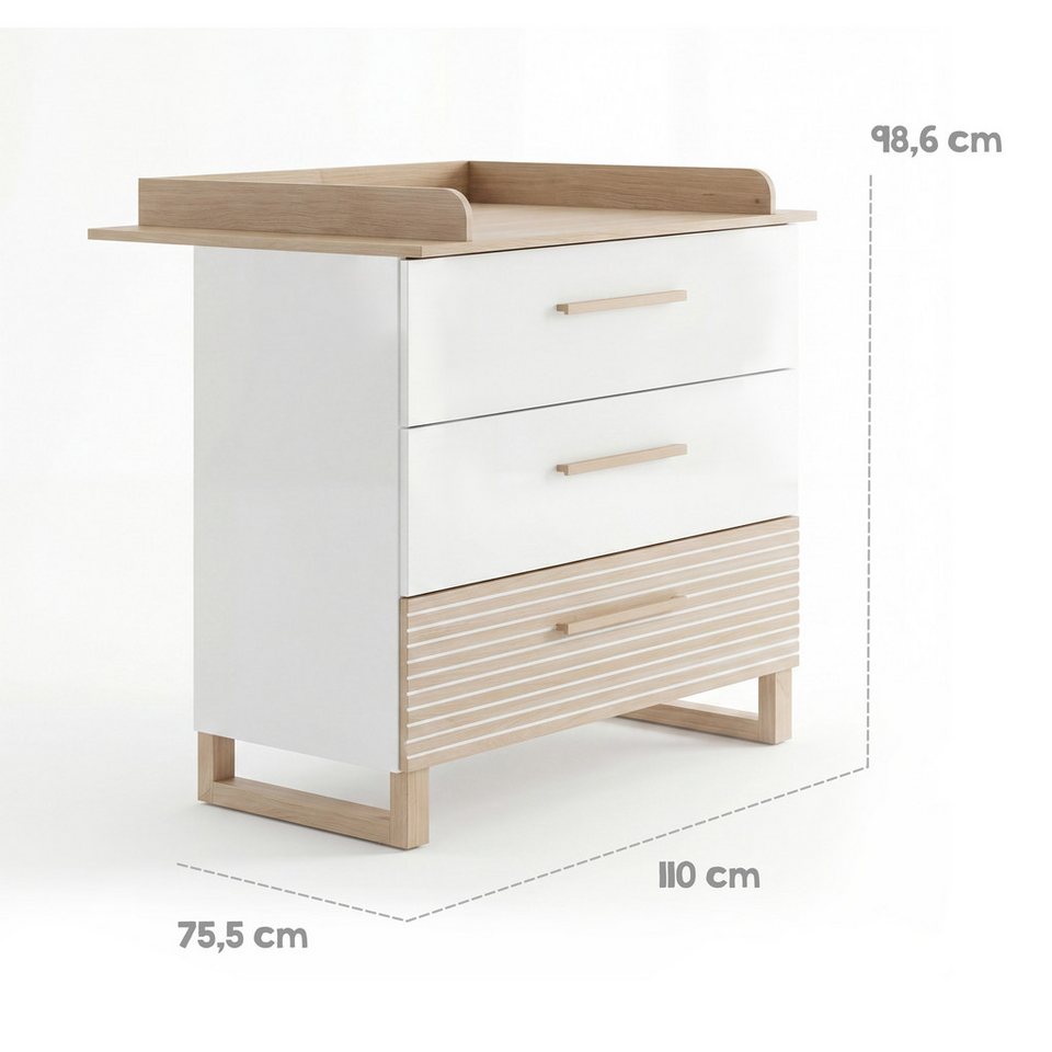 roba® bebek odası komple set Noah - masif ahşap ayaklı modern tasarımlı çocuk odası (3 parçalı set, ev görünümünde bebek yatağı, alt değiştirme masası ve gardırop), ceviz frezeli - ön kısmı yumuşak beyaz - sizinle birlikte büyür