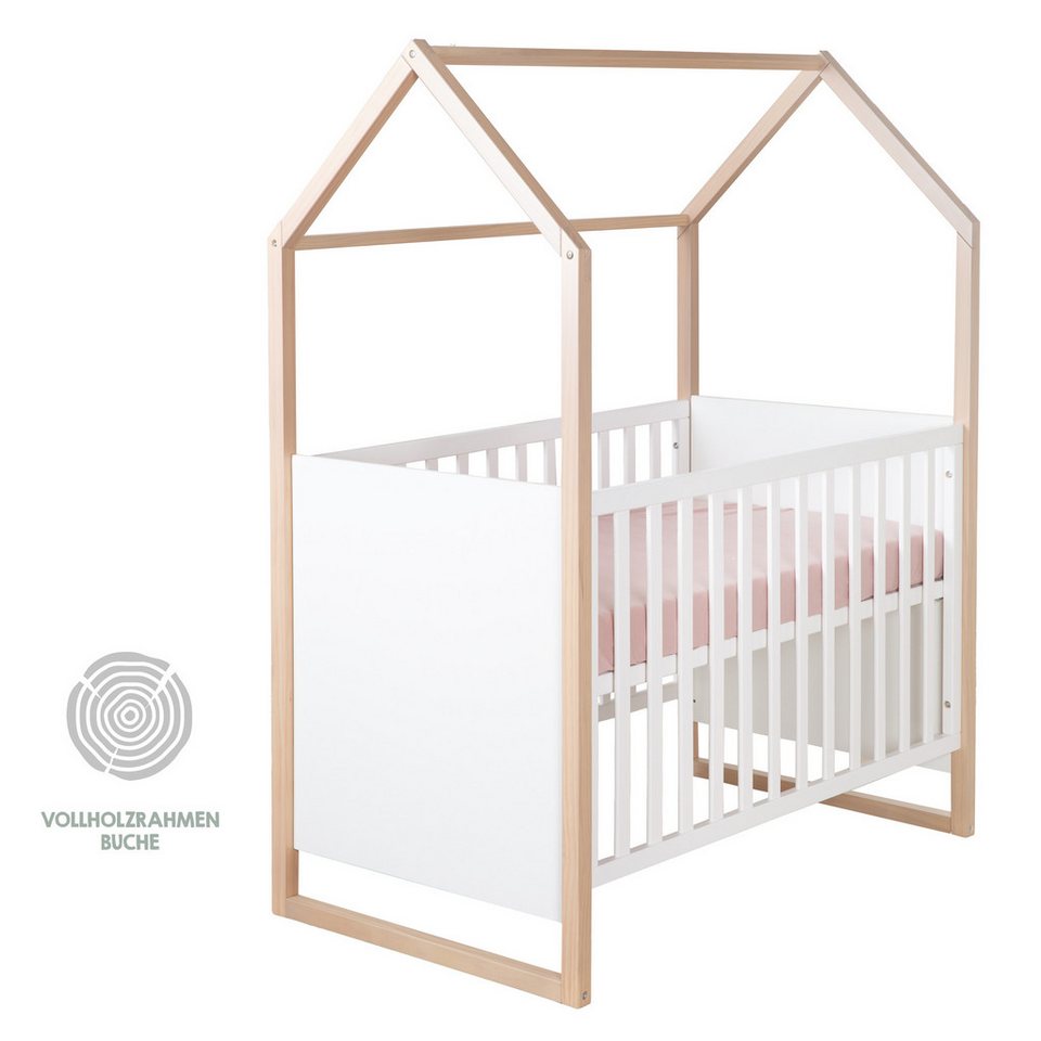 roba® bebek odası komple set Noah - masif ahşap ayaklı modern tasarımlı çocuk odası (3 parçalı set, ev görünümünde bebek yatağı, alt değiştirme masası ve gardırop), ceviz frezeli - ön kısmı yumuşak beyaz - sizinle birlikte büyür