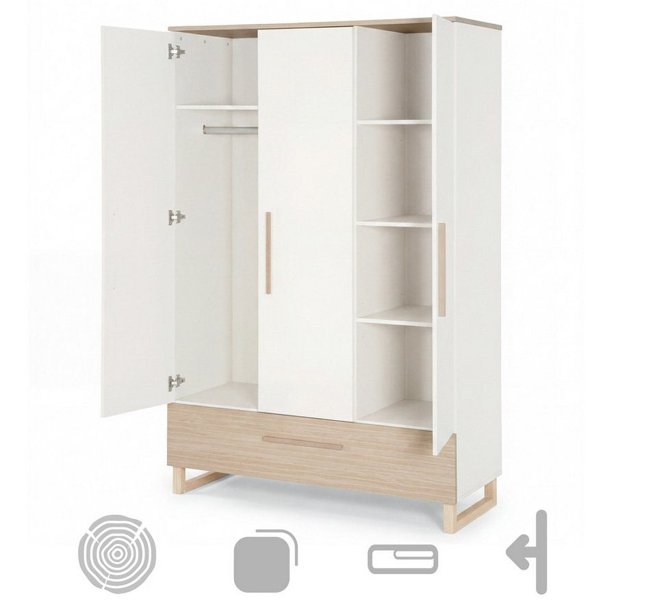 roba® bebek odası komple set Noah - masif ahşap ayaklı modern tasarımlı çocuk odası (3 parçalı set, ev görünümünde bebek yatağı, alt değiştirme masası ve gardırop), ceviz frezeli - ön kısmı yumuşak beyaz - sizinle birlikte büyür