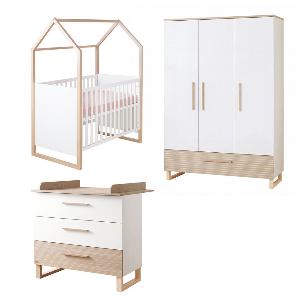 roba® bebek odası komple set Noah - masif ahşap ayaklı modern tasarımlı çocuk odası (3 parçalı set, ev görünümünde bebek yatağı, alt değiştirme masası ve gardırop), ceviz frezeli - ön kısmı yumuşak beyaz - sizinle birlikte büyür