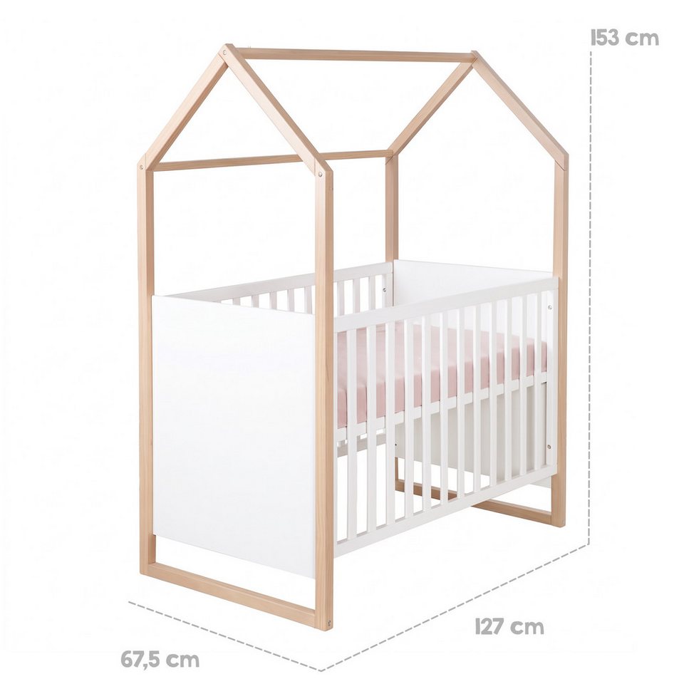 roba® bebek odası komple set Noah - masif ahşap ayaklı modern tasarımlı çocuk odası (3 parçalı set, ev görünümünde bebek yatağı, alt değiştirme masası ve gardırop), ceviz frezeli - ön kısmı yumuşak beyaz - sizinle birlikte büyür