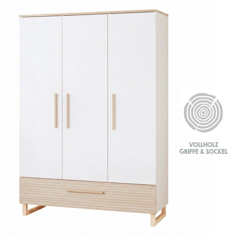 roba® bebek odası komple set Noah - masif ahşap ayaklı modern tasarımlı çocuk odası (3 parçalı set, ev görünümünde bebek yatağı, alt değiştirme masası ve gardırop), ceviz frezeli - ön kısmı yumuşak beyaz - sizinle birlikte büyür