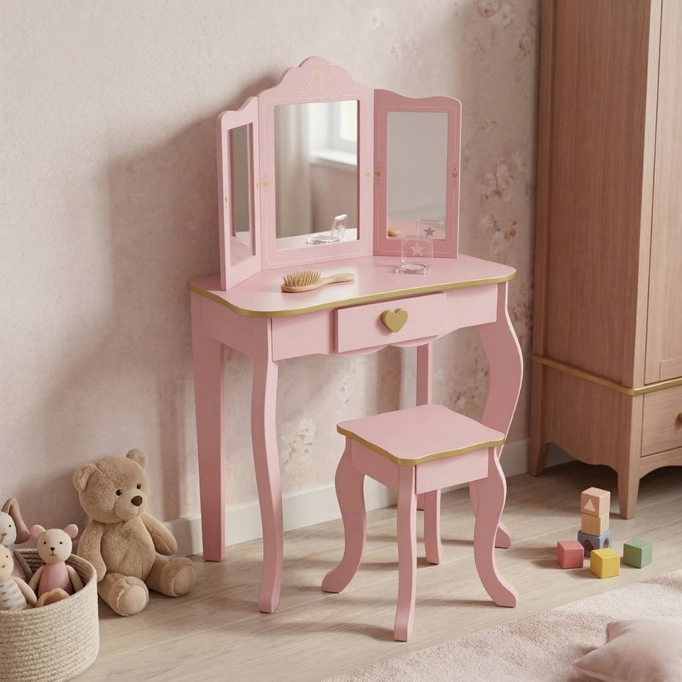 SCENA LIVING tuvalet masası çocuk tuvalet masası REIA, ayna ve tabure ile set, pembe