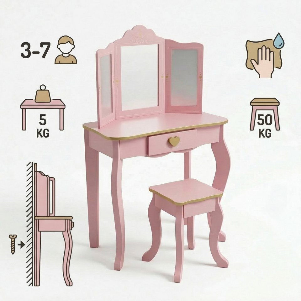 SCENA LIVING tuvalet masası çocuk tuvalet masası REIA, ayna ve tabure ile set, pembe