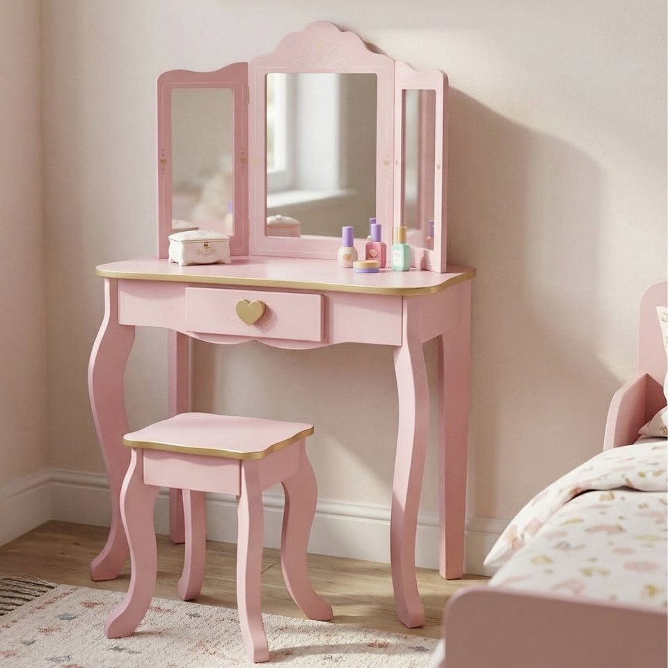 SCENA LIVING tuvalet masası çocuk tuvalet masası REIA, ayna ve tabure ile set, pembe