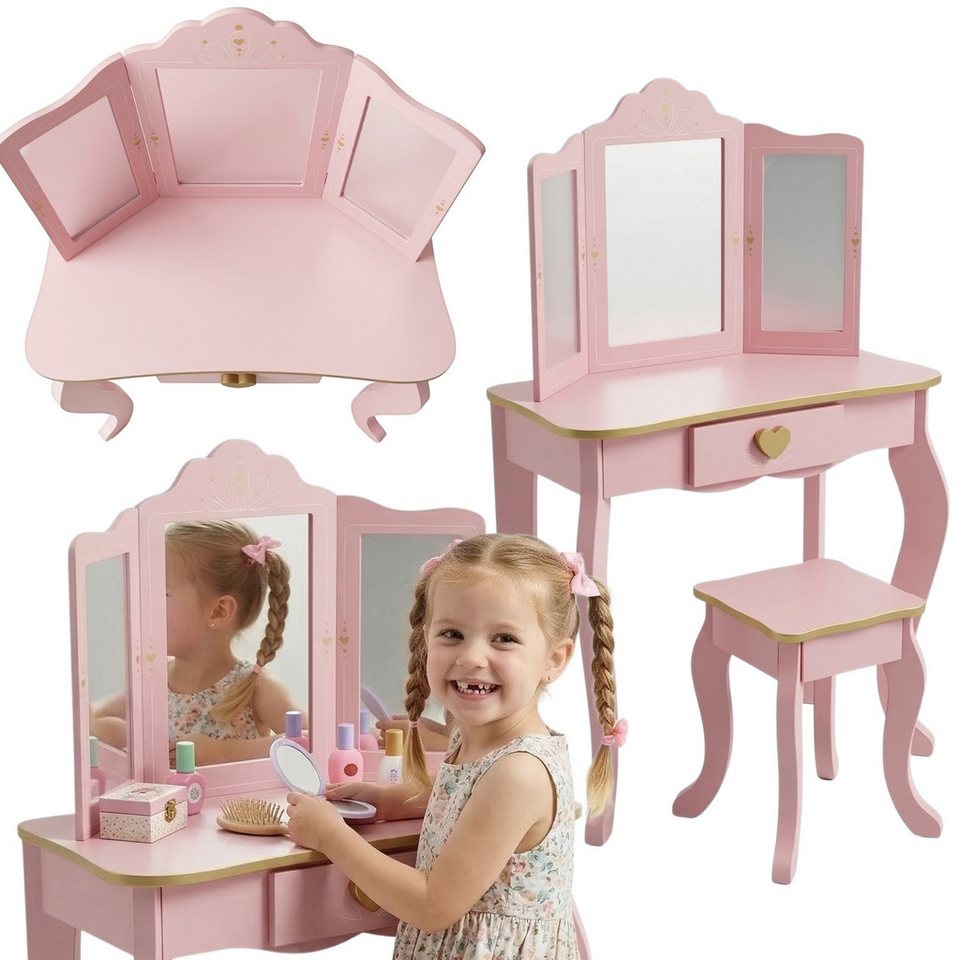SCENA LIVING tuvalet masası çocuk tuvalet masası REIA, ayna ve tabure ile set, pembe