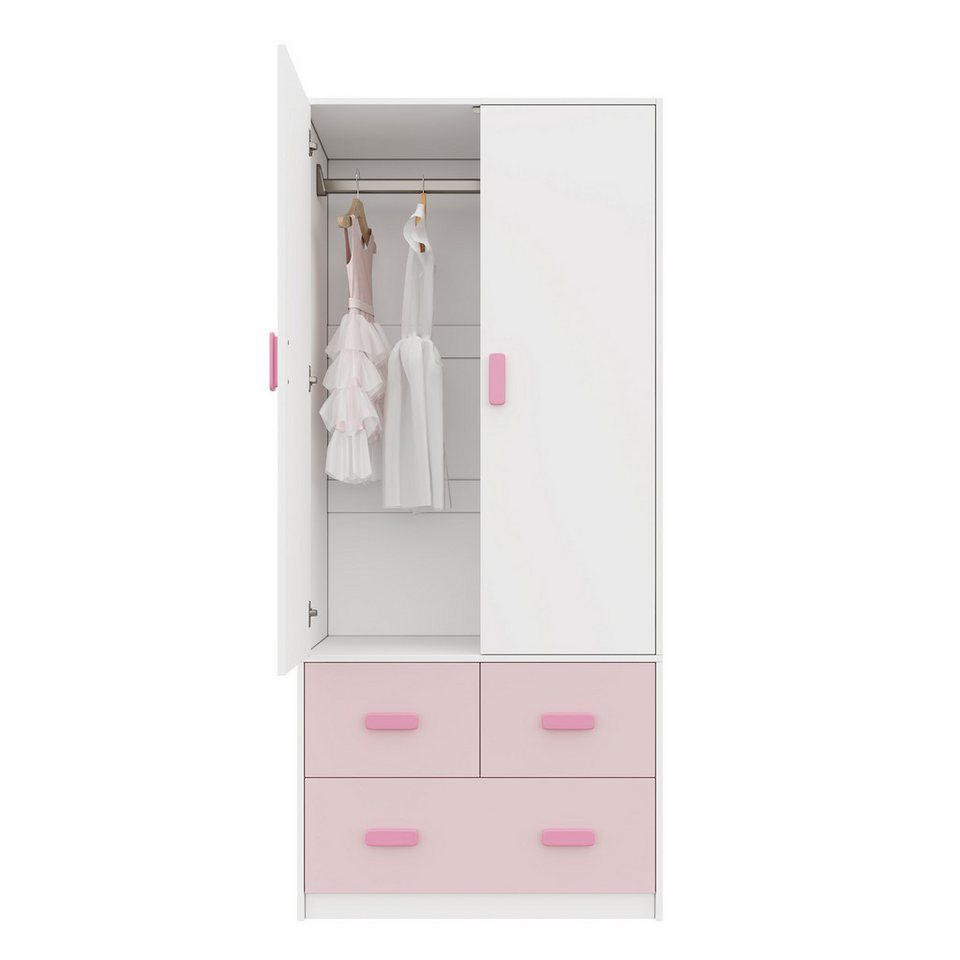 STILVORA 2 kapılı elbise askılı çocuk gardırobu, beyaz ve pembe (2 kapılı gardırop, raylı, 3 çekmeceli, beyaz + pembe, ahşap malzeme, sağlam, devrilmez, 80×48×180cm, dayanıklı) çocuk odaları, yatak odaları, genç odaları, depolama için
