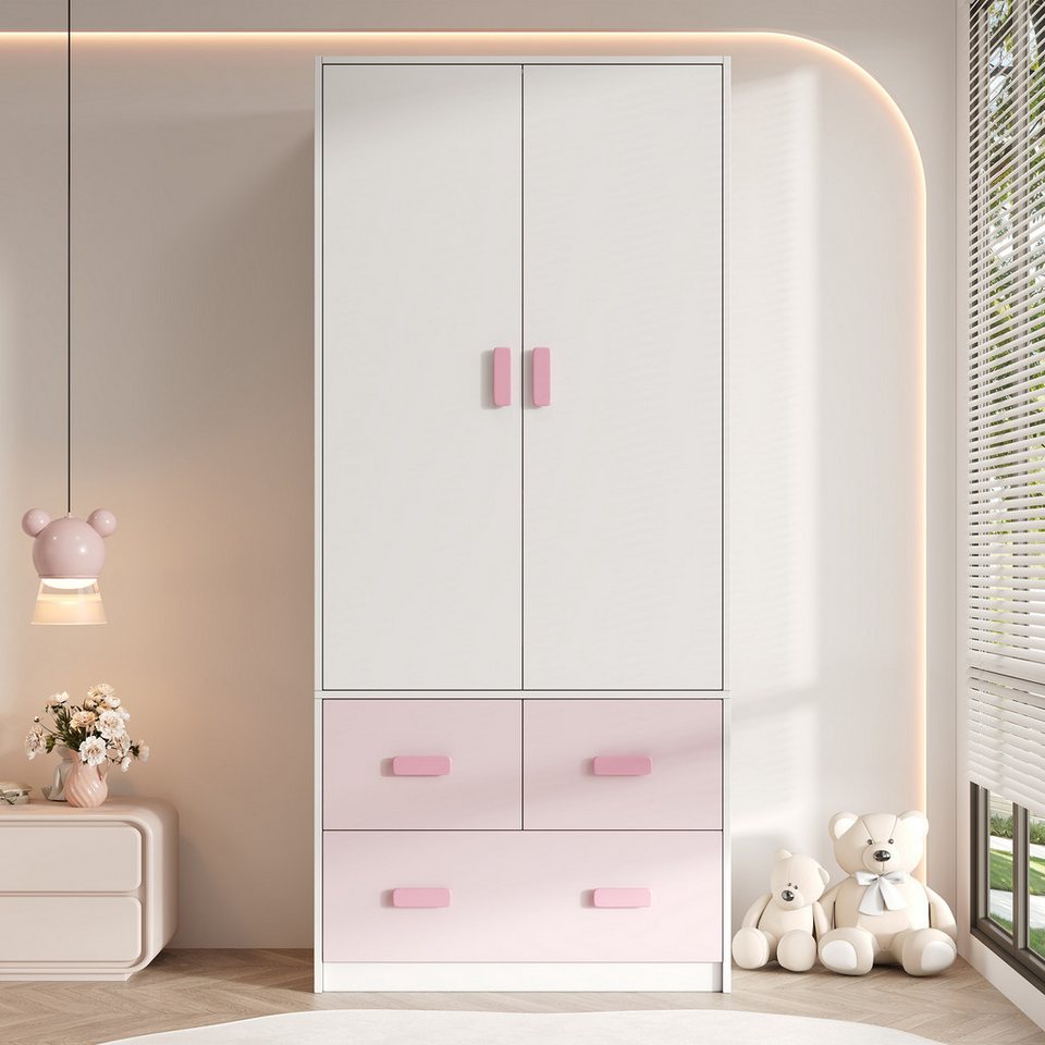 STILVORA 2 kapılı elbise askılı çocuk gardırobu, beyaz ve pembe (2 kapılı gardırop, raylı, 3 çekmeceli, beyaz + pembe, ahşap malzeme, sağlam, devrilmez, 80×48×180cm, dayanıklı) çocuk odaları, yatak odaları, genç odaları, depolama için