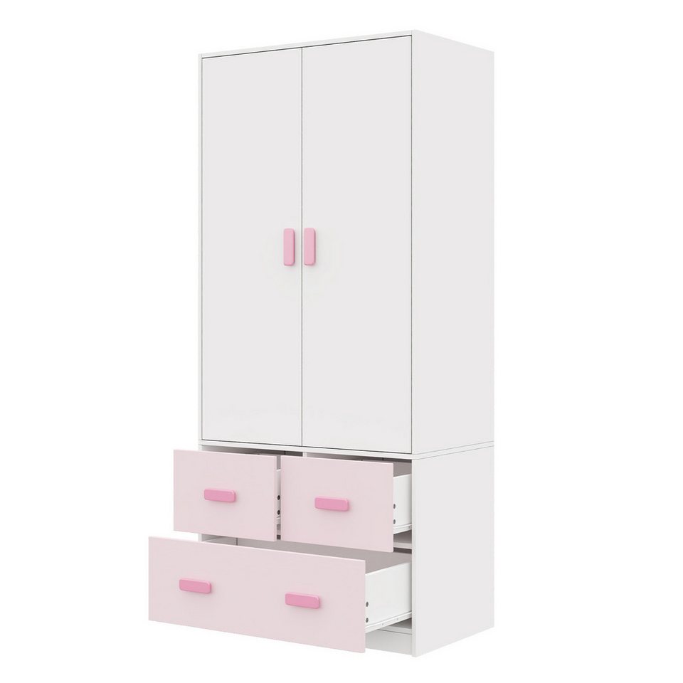 STILVORA 2 kapılı elbise askılı çocuk gardırobu, beyaz ve pembe (2 kapılı gardırop, raylı, 3 çekmeceli, beyaz + pembe, ahşap malzeme, sağlam, devrilmez, 80×48×180cm, dayanıklı) çocuk odaları, yatak odaları, genç odaları, depolama için