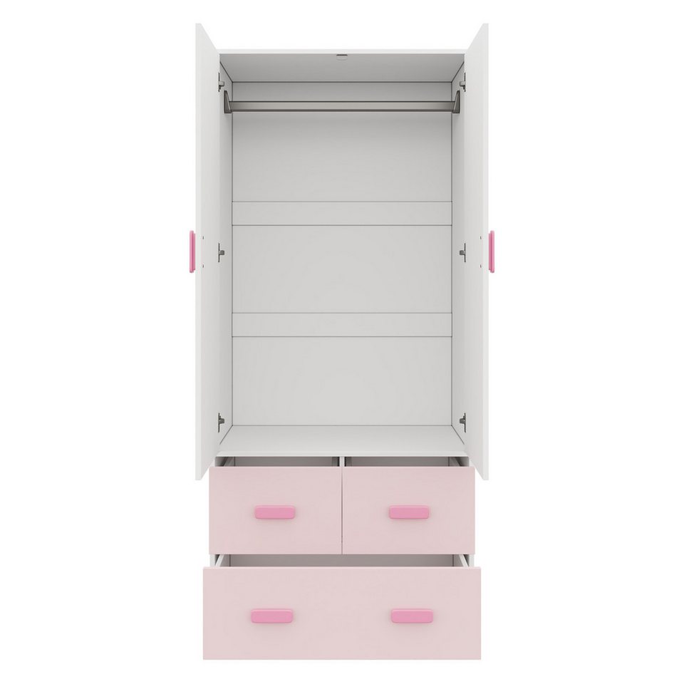 STILVORA 2 kapılı elbise askılı çocuk gardırobu, beyaz ve pembe (2 kapılı gardırop, raylı, 3 çekmeceli, beyaz + pembe, ahşap malzeme, sağlam, devrilmez, 80×48×180cm, dayanıklı) çocuk odaları, yatak odaları, genç odaları, depolama için