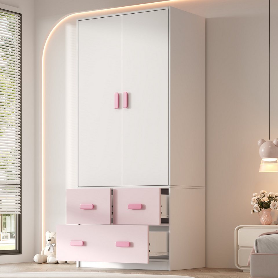 STILVORA 2 kapılı elbise askılı çocuk gardırobu, beyaz ve pembe (2 kapılı gardırop, raylı, 3 çekmeceli, beyaz + pembe, ahşap malzeme, sağlam, devrilmez, 80×48×180cm, dayanıklı) çocuk odaları, yatak odaları, genç odaları, depolama için