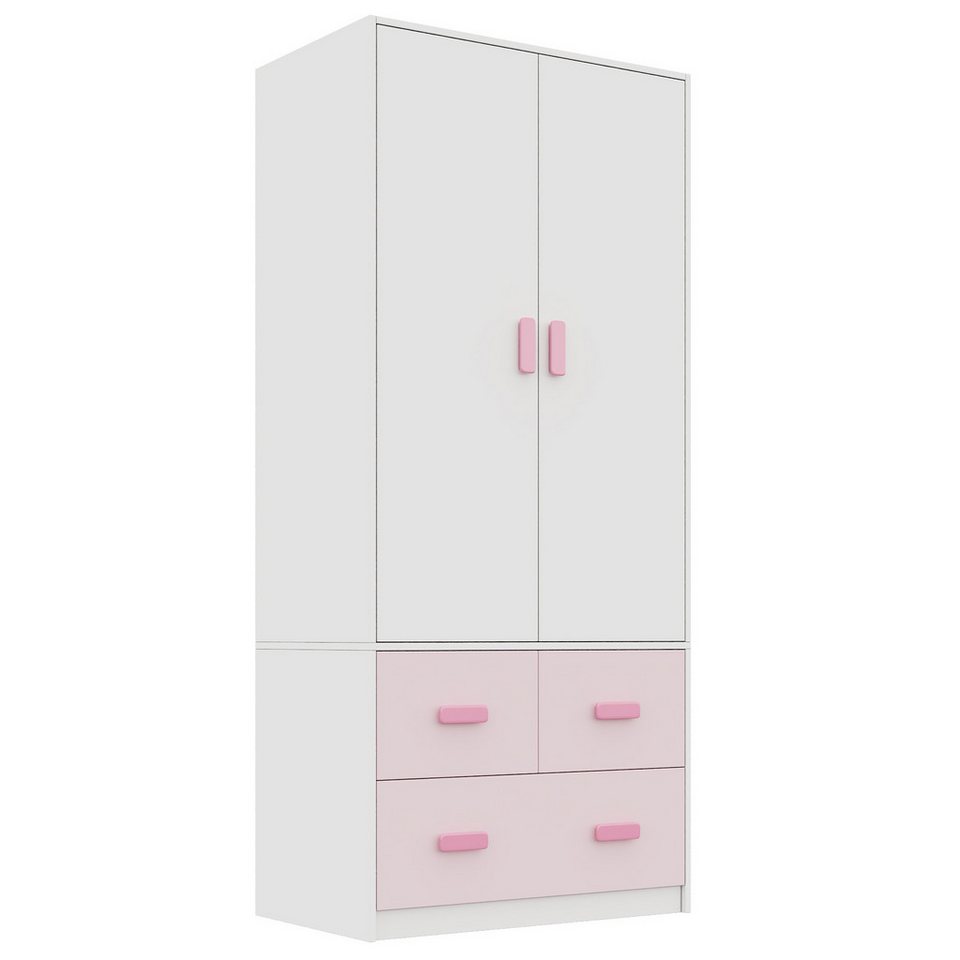 STILVORA 2 kapılı elbise askılı çocuk gardırobu, beyaz ve pembe (2 kapılı gardırop, raylı, 3 çekmeceli, beyaz + pembe, ahşap malzeme, sağlam, devrilmez, 80×48×180cm, dayanıklı) çocuk odaları, yatak odaları, genç odaları, depolama için