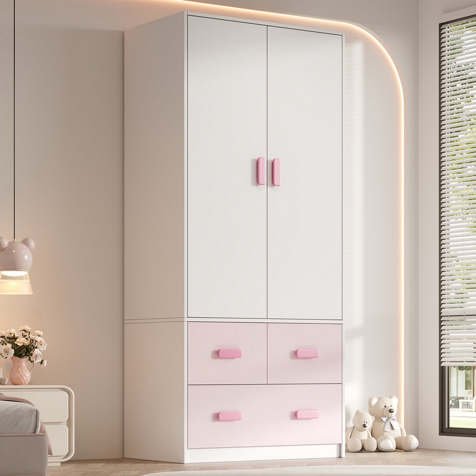 STILVORA 2 kapılı elbise askılı çocuk gardırobu, beyaz ve pembe (2 kapılı gardırop, raylı, 3 çekmeceli, beyaz + pembe, ahşap malzeme, sağlam, devrilmez, 80×48×180cm, dayanıklı) çocuk odaları, yatak odaları, genç odaları, depolama için