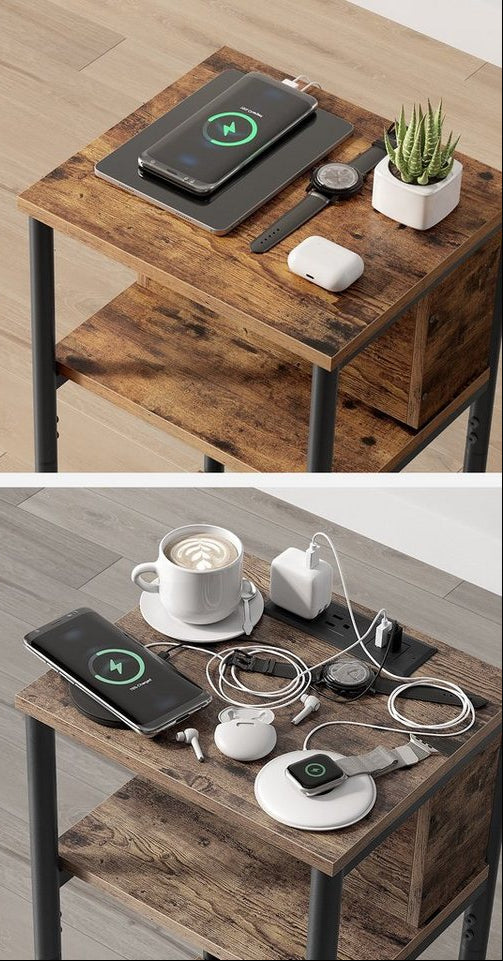VASAGLE yan sehpa (1 adet), soketli, 2 AC port, 2 USB port